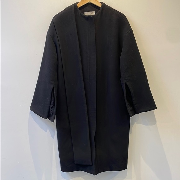 Oak + fort womens cocoon wool coat XS long zipper shawl scarf attached black - Picture 1 of 13